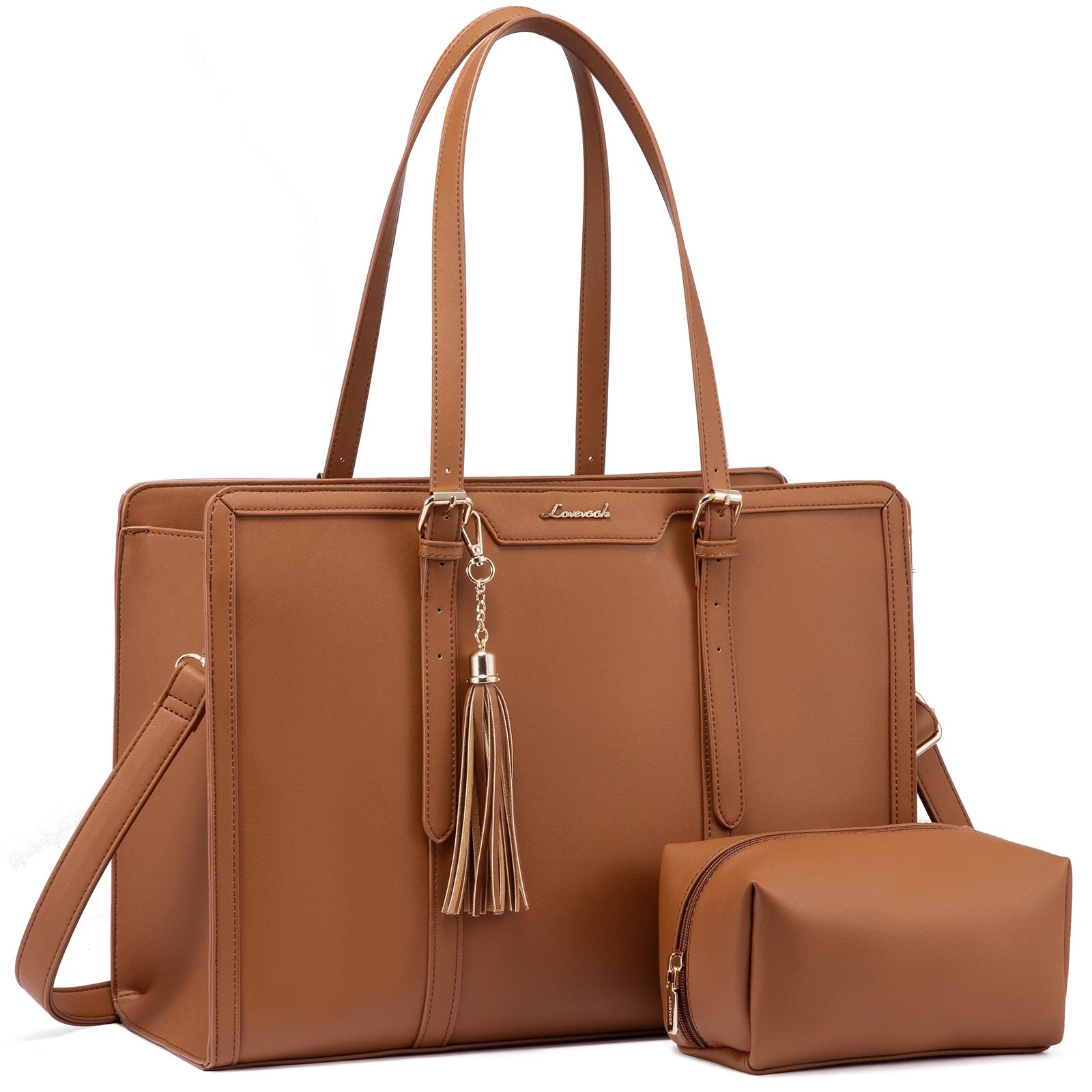 LOVEVOOK 2pcs/set Large Fashion PU Laptop Bag Computer School Stylish Tote Bag Shoulder Crossbody Messenger Bag for Women