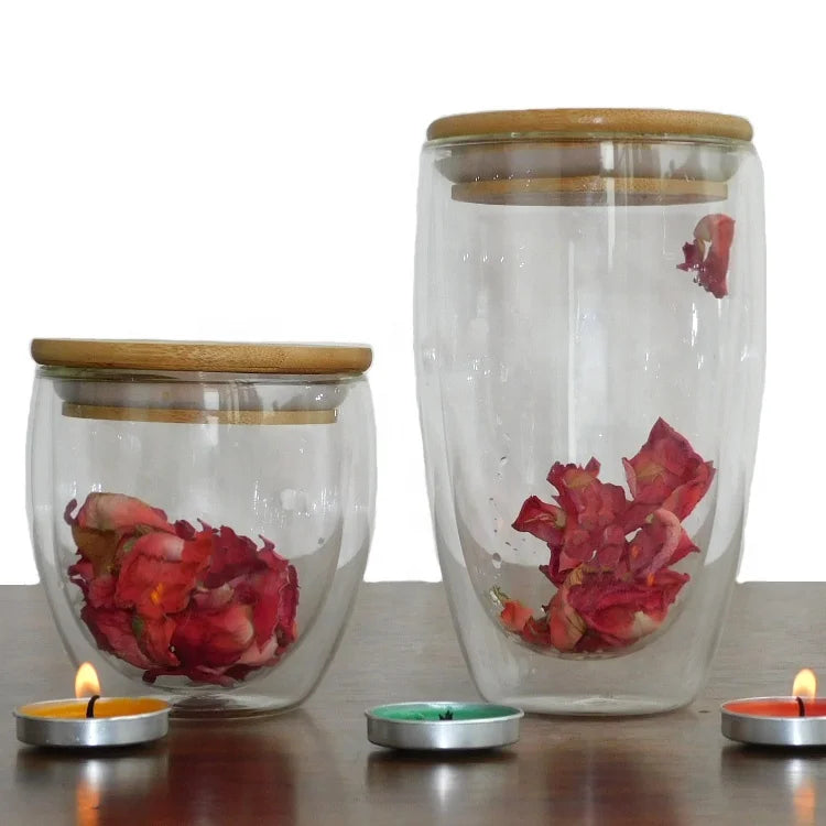 Double Wall Glass Cup for Coffee Tea Mug with Bamboo Lid Hot Cold Water clear Glass Handmade
