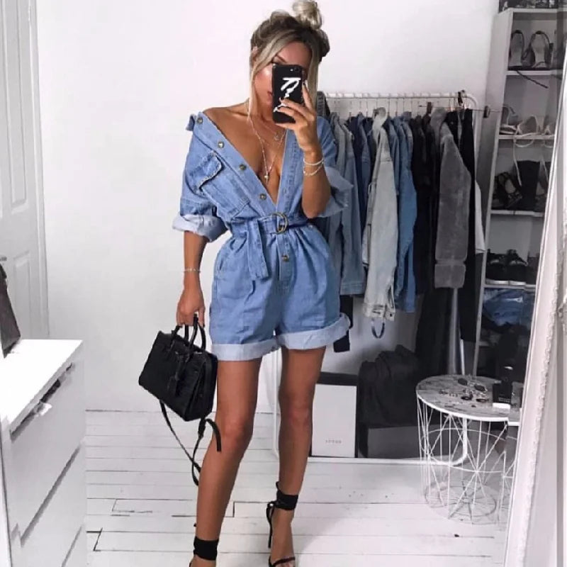 Summer Women's Casual High Waist Denim Romper Fitness-Style Loose Fit Jumpsuit Lace Decoration Wide Leg Print Fabric Pockets