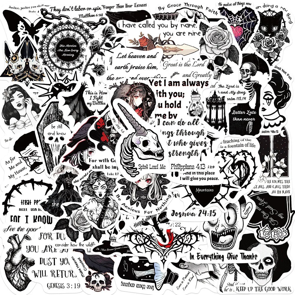 50PCS Black and White Religious Christian Jesus Scripture Gothic Style Cross Wisdom Words Faith Bible Sticker