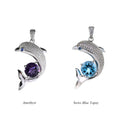 Delicate Rhodium Plated 925 Sterling Silver Natural Amethyst/Swiss Blue Topaz Dolphin Pendant for Women Birthday Gift