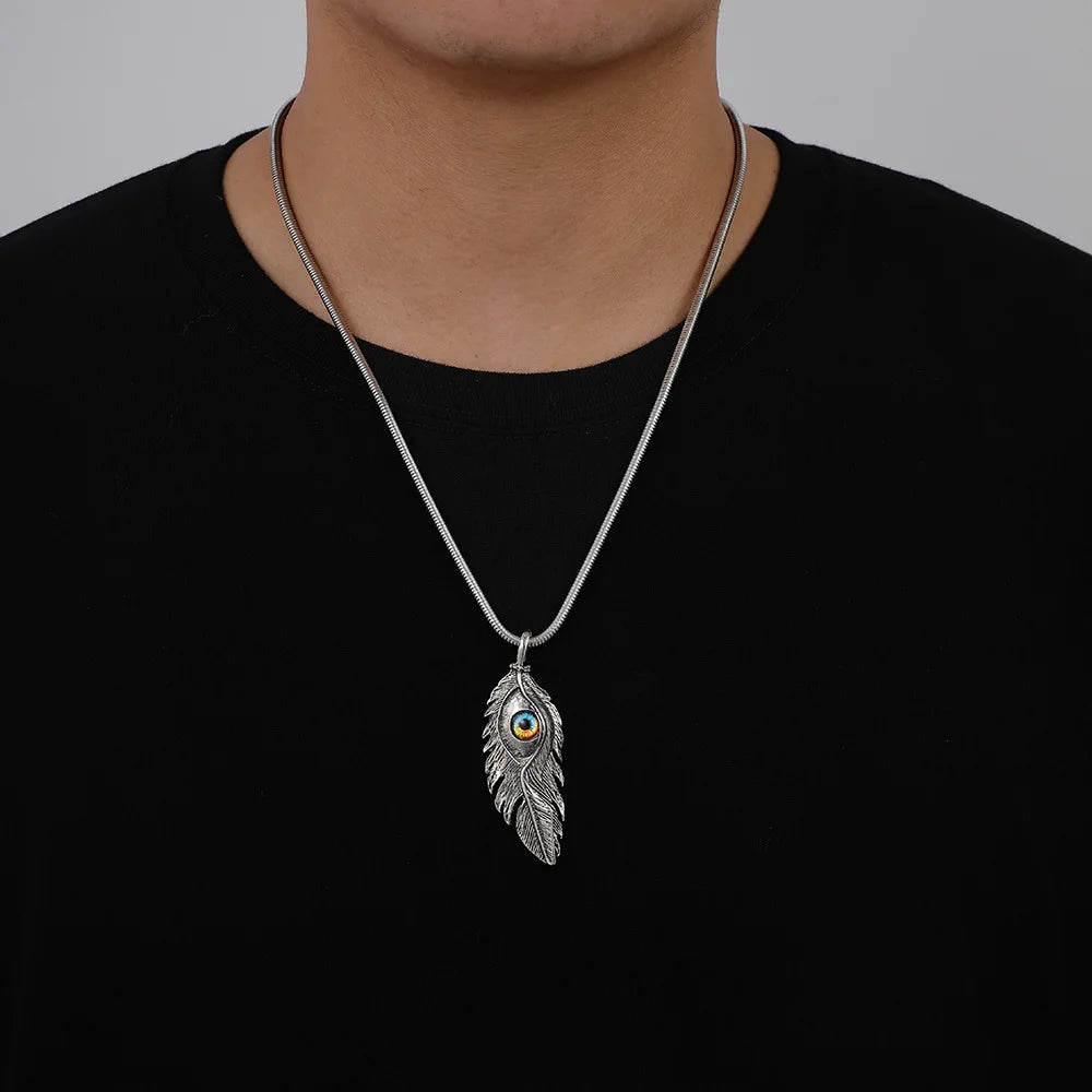 Personalized Devil Eye Pendant Necklace Hip Hop Punk Style Stainless Steel Feather Evil Eyes Necklace