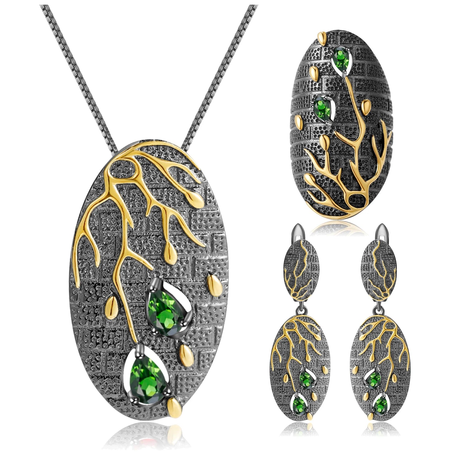 C7872 Abiding Natural Chrome Diopside Gems Handcrafted Fine Jewelry Botanic Series 925 Sterling Silver Jewelry Sets