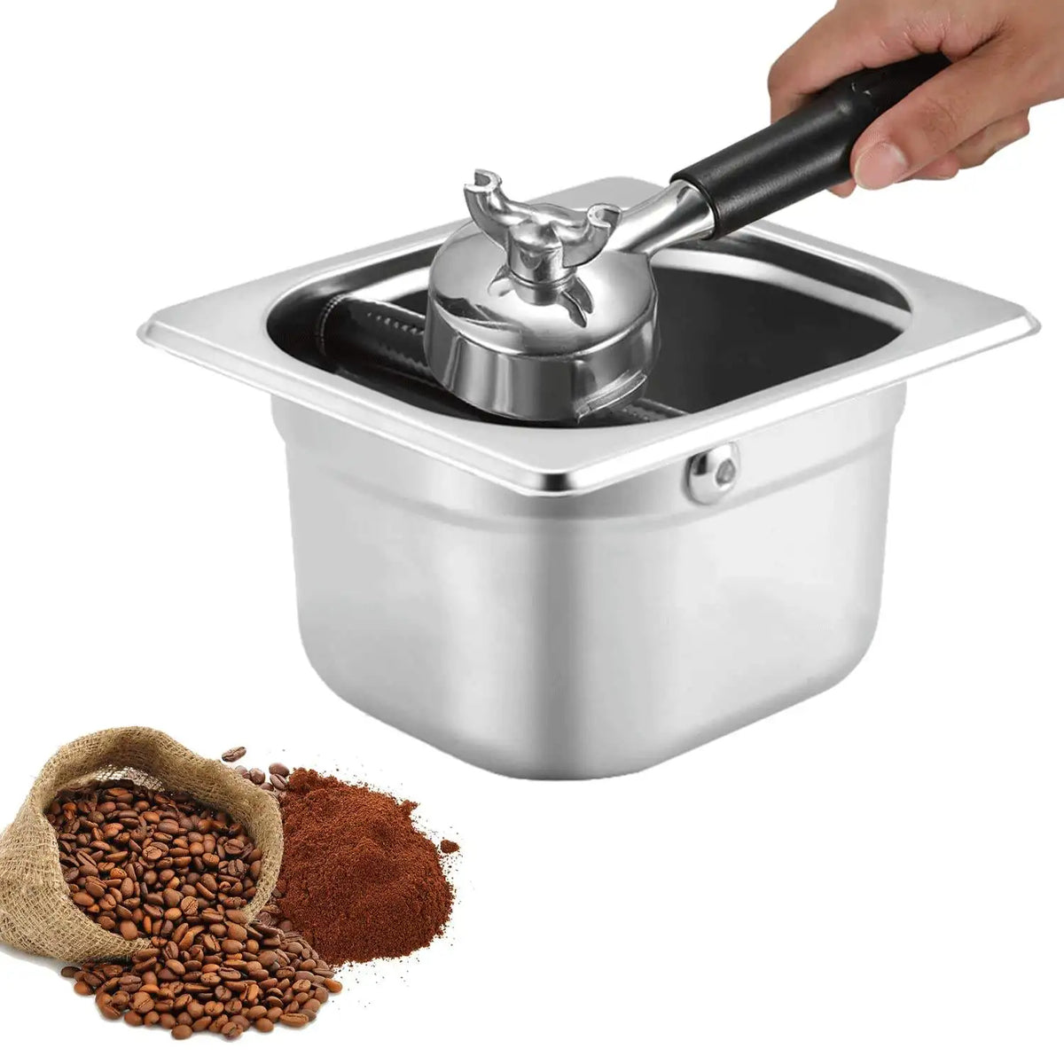 New Design Eco-Friendly Square Stainless Steel Coffee Grounds Container Durable Espresso Knock Box with Rubber Bar MegaBDM