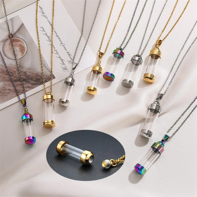 MIENTER Perfume Bottle Necklace Handmade Design Stainless Steel Roller Ball Bottle Pendant Jewelry Necklace