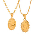 Ins Style Women Fashion Dainty Jewelry 18k Gold Plated Stainless Steel Oval Ellipse Shape Queen Pattern Pendant Necklace