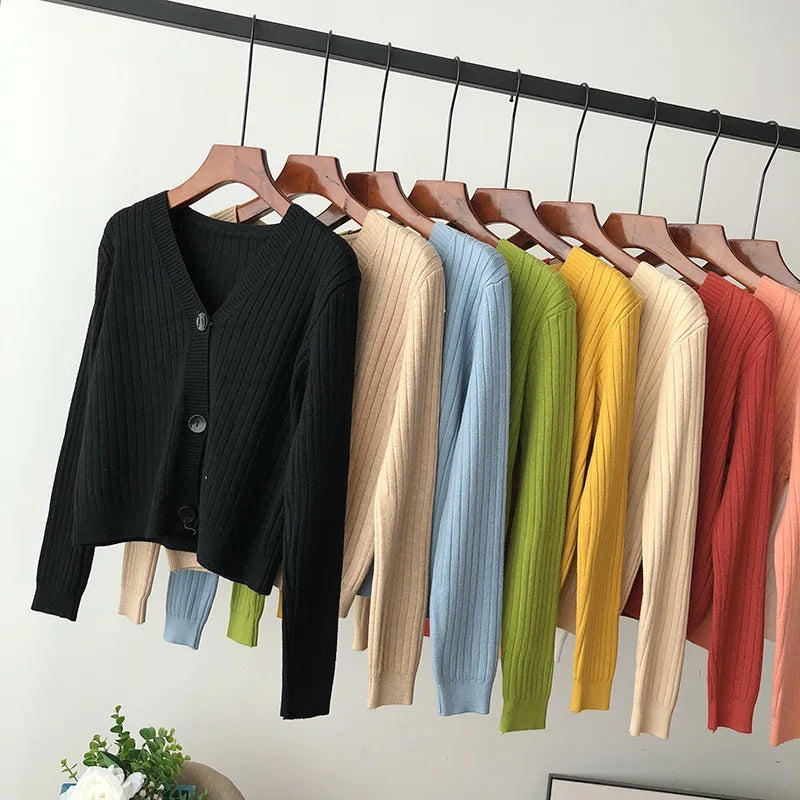 Women's Cropped Cardigan Sweaters Female With Button Black White Short Sweater V Neck Long Sleeve Women Thin Knitted Cardigan