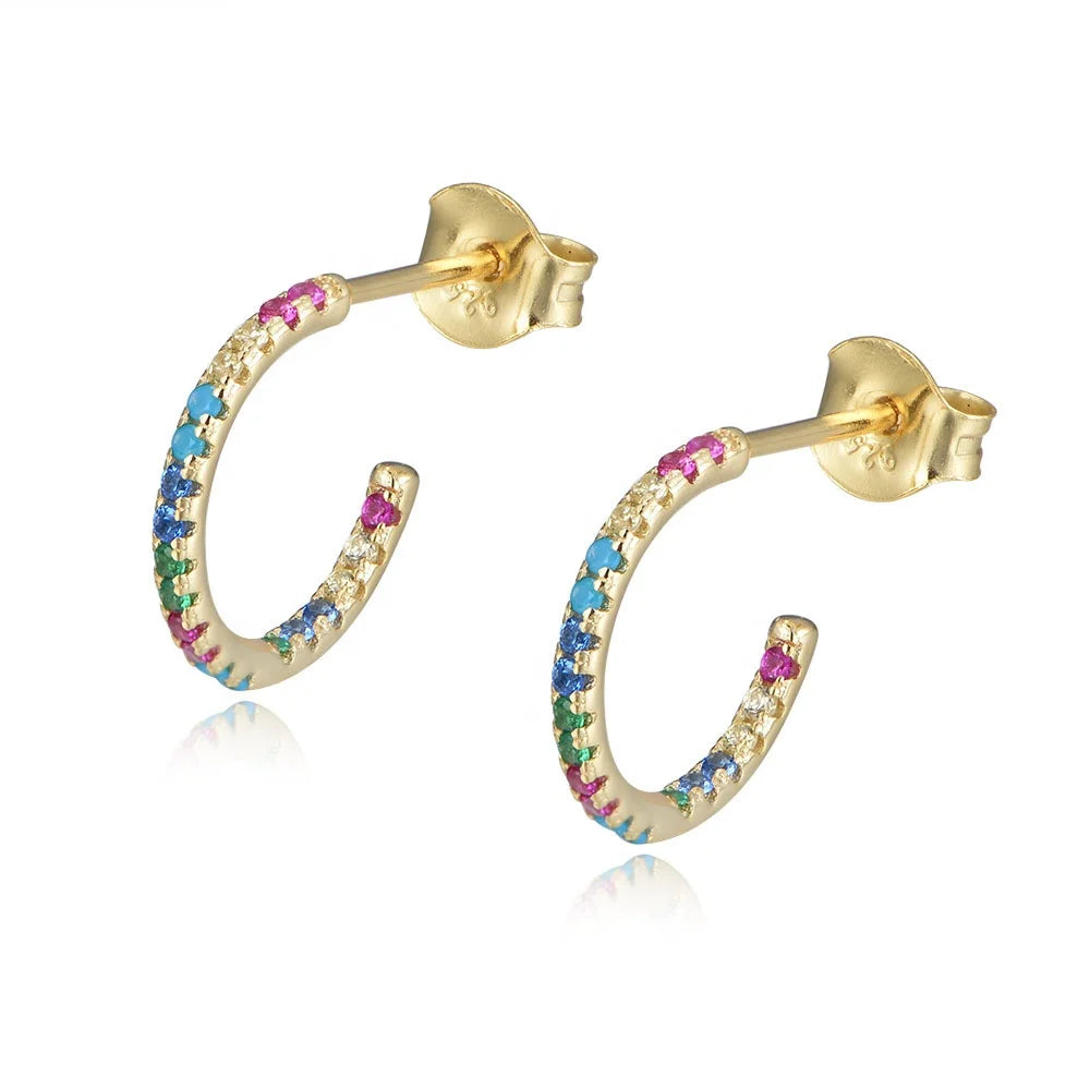 Fashion 14k Gold Plated Vintage Rainbow Zirconia Hoop Shape 925 Silver Stud Earrings