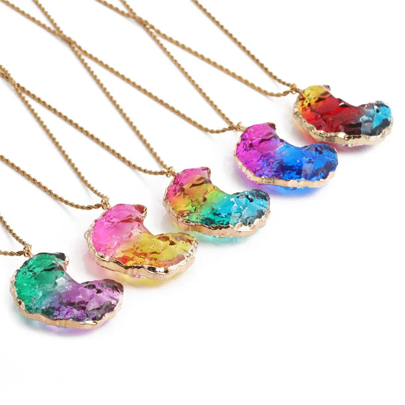 Colorful Gradient Irregular Crystal Moon Pendant Necklace with Twist Chain Gold Plated Stainless Steel for Christian Gifts