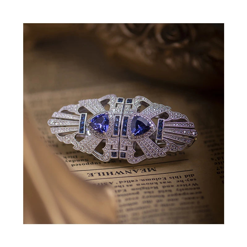 2023 New Sapphire Blue Vintage Silk Scarf Buckle Collar Clip 925 Sterling Silver Double Clip 2 in 1 Brooch