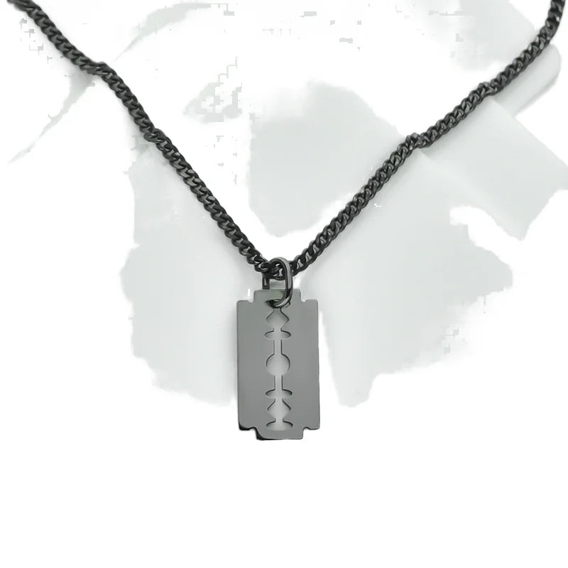 Men's Trendy Stainless Steel Link Chain Necklace with Black Plated Razor Blade Charm Silver Plated Pendant Necklaces