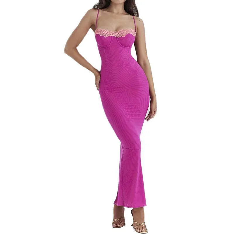 RNSHANGER Sexy Lace Patchwork Backless Slim Women Dress Spaghetti Strap Double Layer Bodycon Midi Female Elegant Clubwear Dress