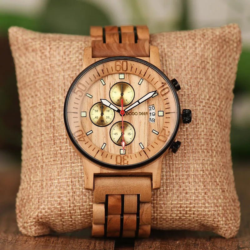 For E14 Men's Antique Quartz Wood & Stainless Steel Watch 5BAR Waterproof 45mm Chronograph Fashion Vintage