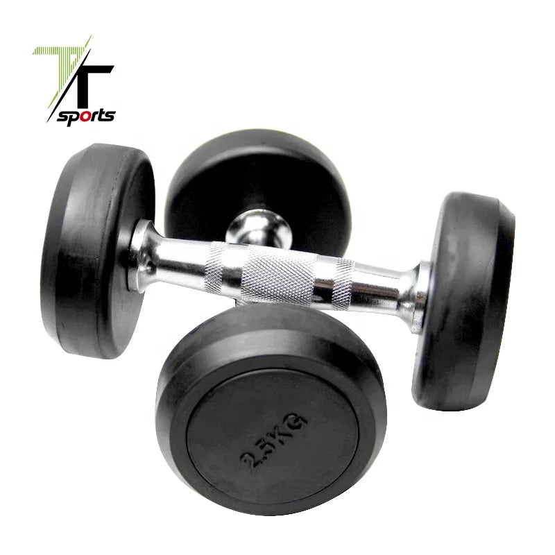 Custom logo Bodybuilding Deluxe Gym Black Rubber Coated Fixed Round Dumbbell