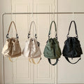 Fashion-Style Nylon Bucket Bag Embroidery Casual Handheld Drawstring Pleated Shoulder Crossbody Large Capacity