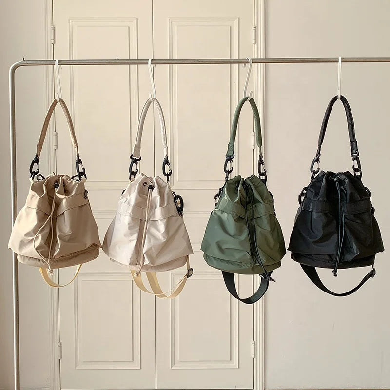 Fashion-Style Nylon Bucket Bag Embroidery Casual Handheld Drawstring Pleated Shoulder Crossbody Large Capacity