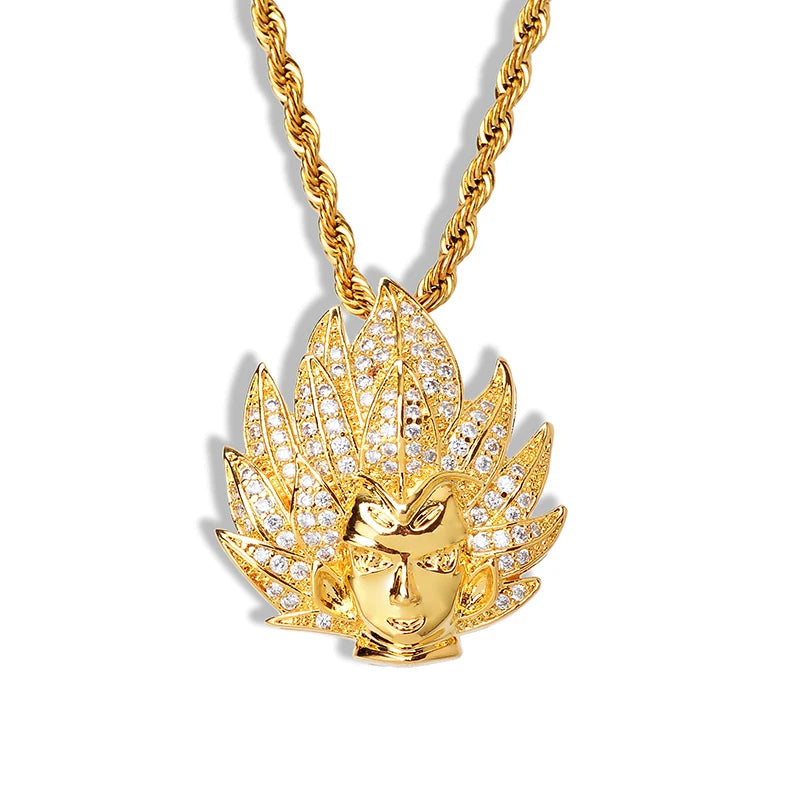 Saiyan Head Pendant Gold Plating Personality Cartoon Super Saiyan Goku Head Pendant Micro Inlaid Zircon Hip Hop Men's Necklace