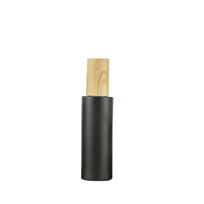 Wholesale Custom logo Matte Black Glass Bottle and Jar with Wood Grain Cap White Pump Sprayer Customs Package Small