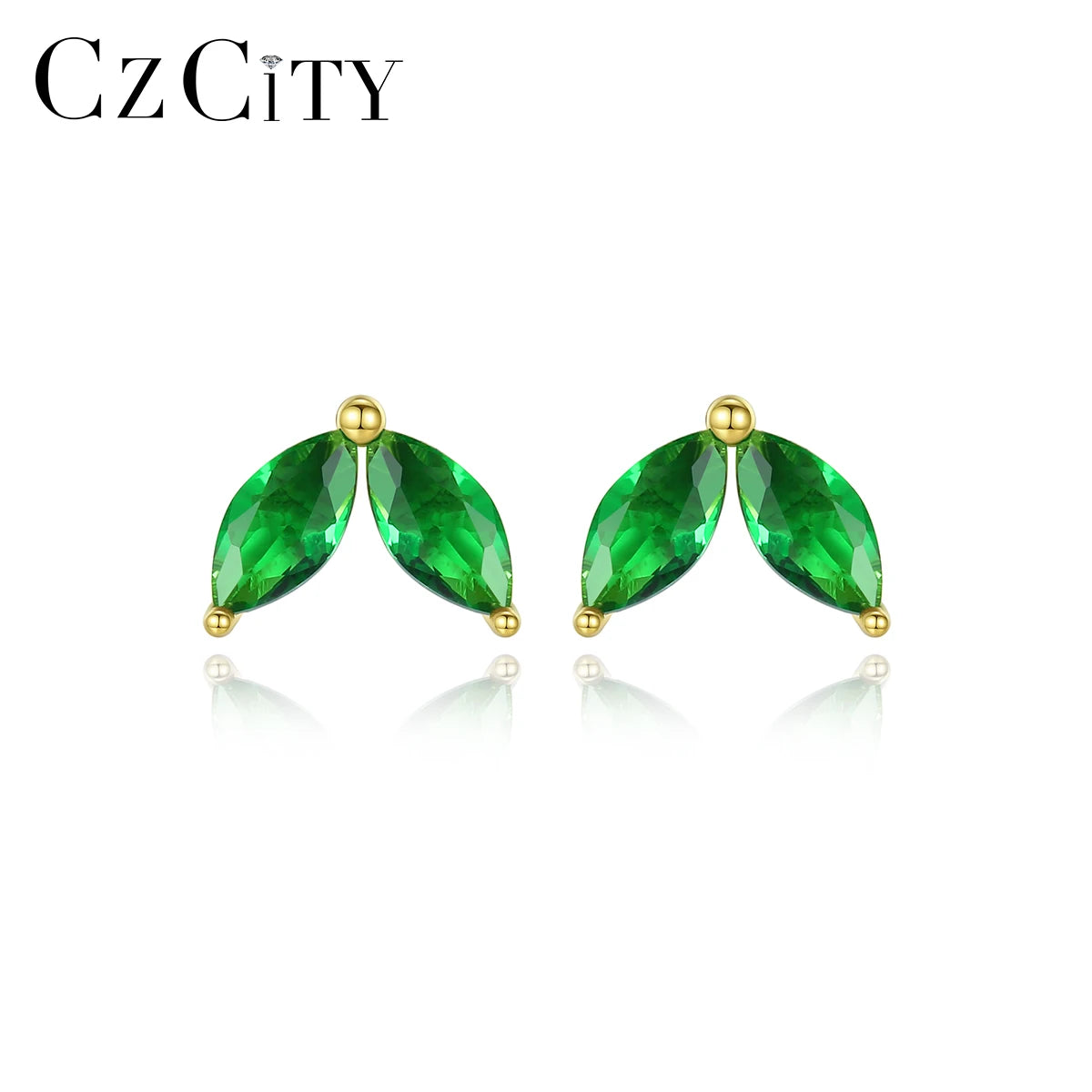 CZCITY Hot Selling Tiny Cute Sterling Silver 14K Gold Emerald Marquise Diamond Stud Earrings