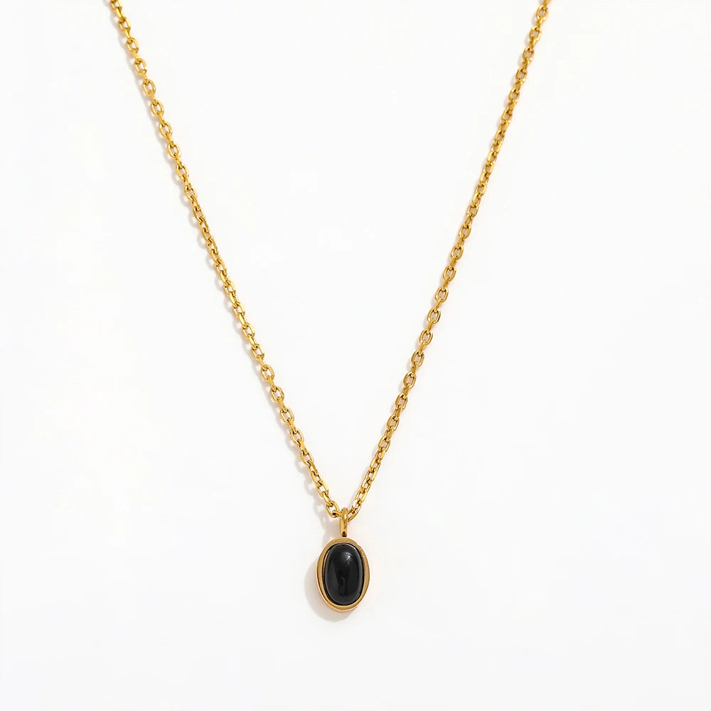 Joolim 18K Gold Plated Oval Black Stone Hematite Pendant Dainty Chain Necklace Stainless Steel Tarnish Free Jewelry