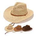 Wholesale Hand Woven Crocheted String Paper Cowboy Straw Hat Custom Logo Rope Weave Hollow Out Breathable Caps for Women