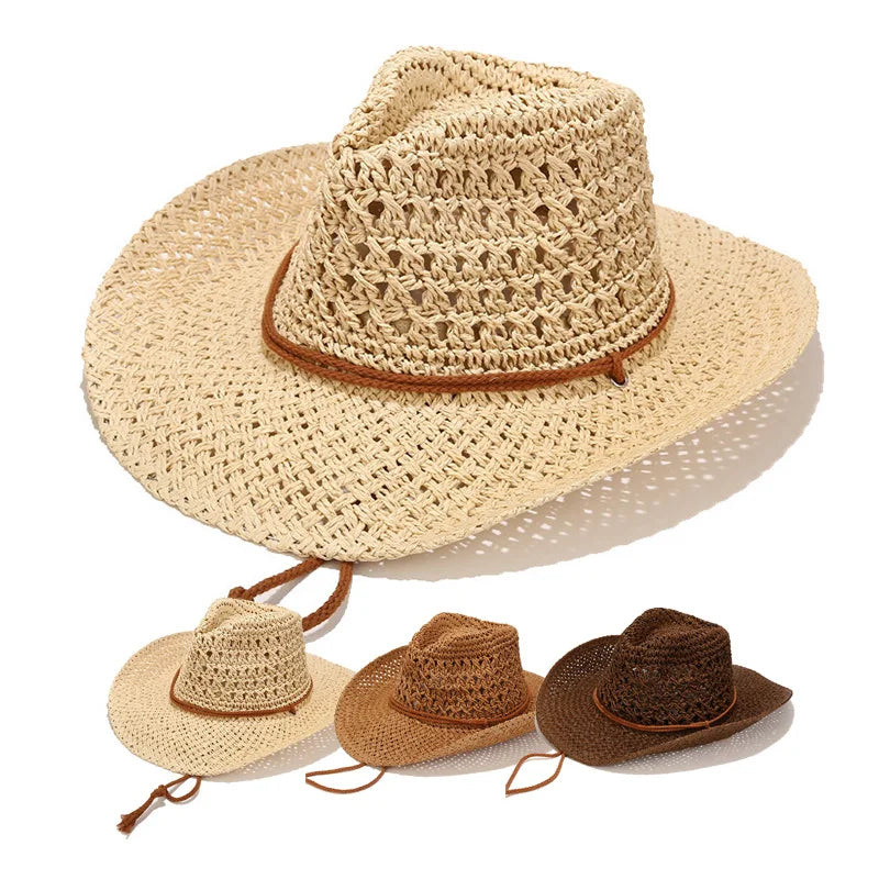 Wholesale Hand Woven Crocheted String Paper Cowboy Straw Hat Custom Logo Rope Weave Hollow Out Breathable Caps for Women