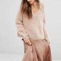 2026 Knitwear Supplier  Custom Autumn Winter Mohair Knit Jumper V Neck Virgin Alpaca Wool Sweater for Women