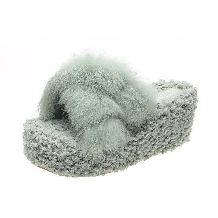 2023 New Fund Autumn Winter Fluffy Sandal Women Cross Platform Cotton slippers High-heeled Wedge slippers
