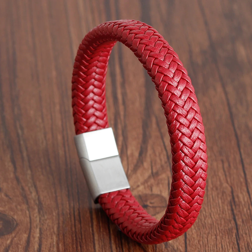 High Quality Custom Punk Tiger Eye Lava Men Natural Stone Stainless Steel Clasp Black Genuine Leather Bracelet OT-023
