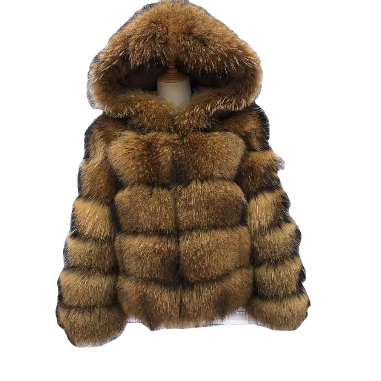 2022 Women's Fashion Outerwear Waterproof Realfox Raccoon Fur Coat With Long Sleeves and Hood Zipper Closure