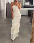 Women Fashion Bandeau Shirred Ruffle Hem Layered Dress Drop Shipping Wholesale Retail