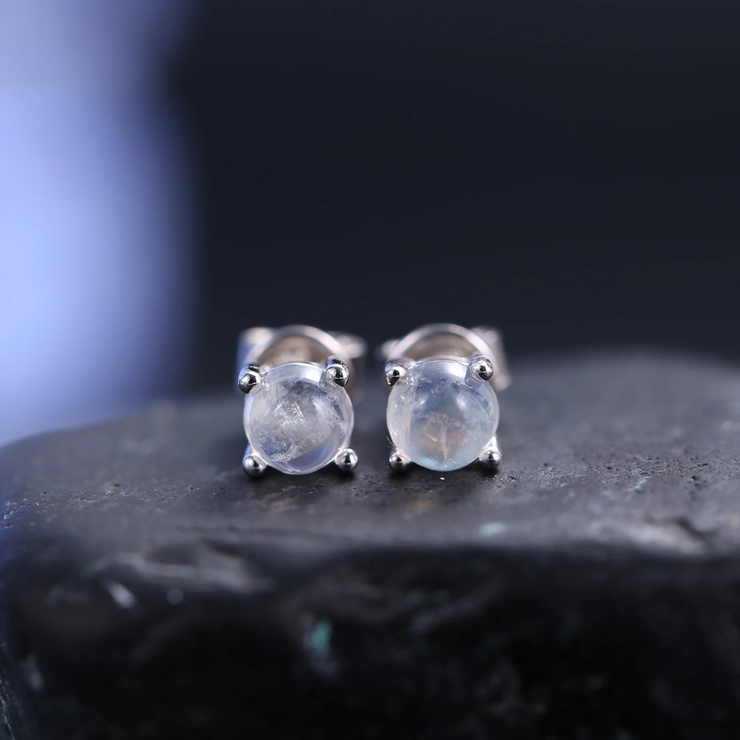 S90A Abiding Fine Jewelry Solitaire Cabochon Natural Blue Moonstone Stud Popular Minimalist 925 Sterling Silver Earrings