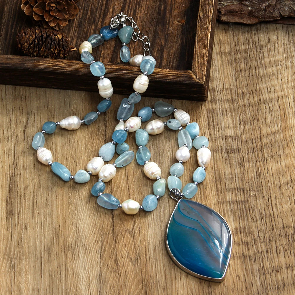 New Fashion Beautiful Elegant Irregular Aquamarine Freshwater Pearl Rhinestone Hematite Beads Necklace Drop Pendant Necklace