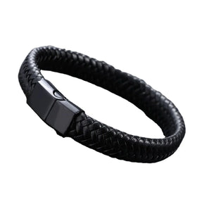 Wholesale Luxury Men's Vintage Braided Magnetic Clasp Black Snap Alloy Leather Beaded Bracelet Bangles for Wedding Engagement