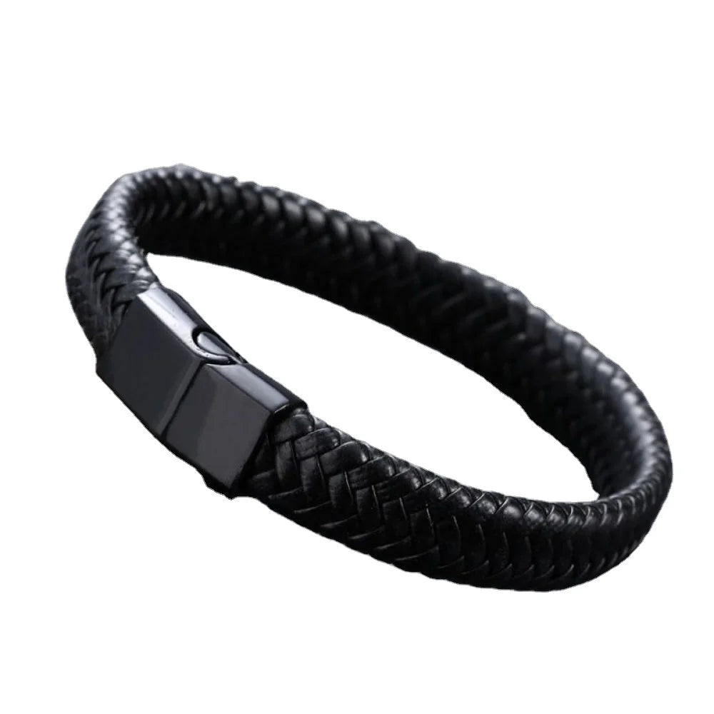 Wholesale Luxury Men's Vintage Braided Magnetic Clasp Black Snap Alloy Leather Beaded Bracelet Bangles for Wedding Engagement