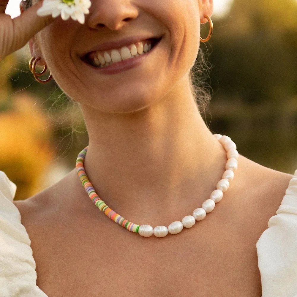 Maiou Delicate Rainbow Polymer Clay Design Freshwater Pearl Beads Choker Necklace for Women Handmade Jewelry Wedding
