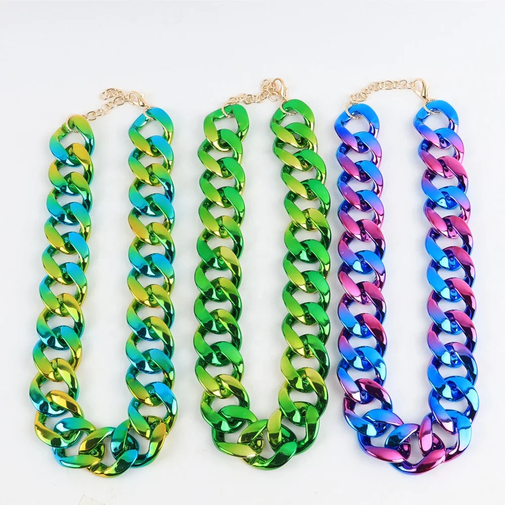 Custom Attractive Punk Style AB Rainbow Color Necklace Iridescent Color Round Long Link Chain Acrylic Choker Necklace for Women