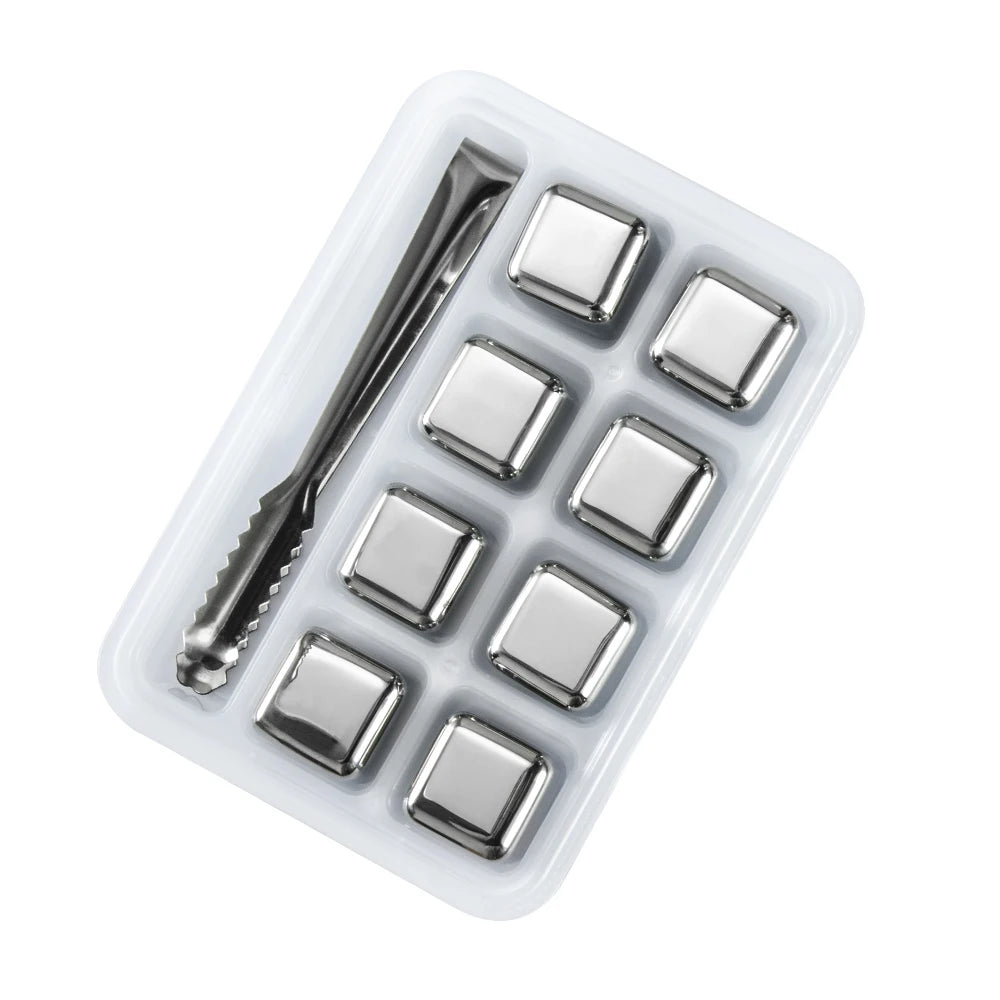 Party Restaurant Bar Whiskey Stone Cubes 8 Pieces Freezing Reusable Stainless Steel Ice Cube With Tongs and Storage Tray