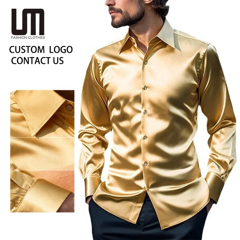 OEM Service Wholesale Trending Luxury Fashion Men Wedding Party Prom Casual Tuxedo Shirt Satin Dress Shirts