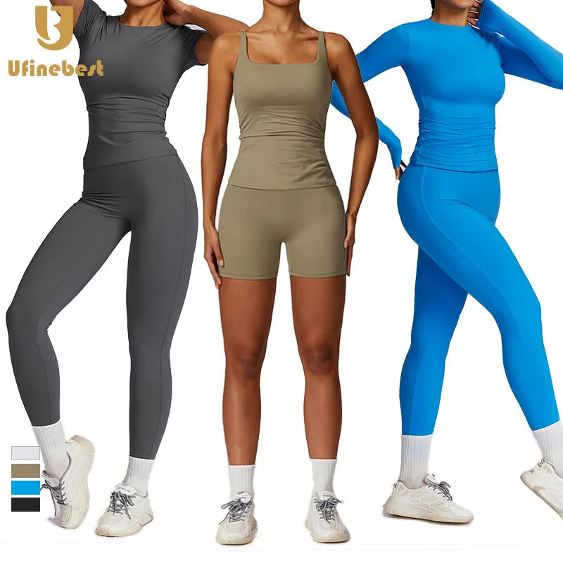 Custom Logo Breathable High Waist Workout Clothing Quick Dry Leggings Sport Shirts 5 Piece Suit Gym Fitness Sets Women Yoga Set