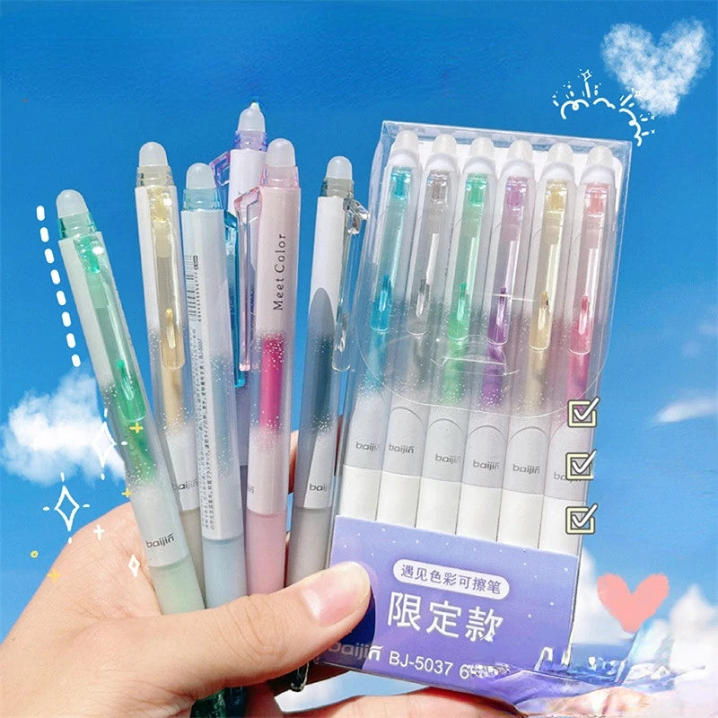 Creative Star Sky Glitter Erasable Gel Pens Set 6 Colors 0.5mm Plastic Ball Blue for School Student Block Write Pen Stationery