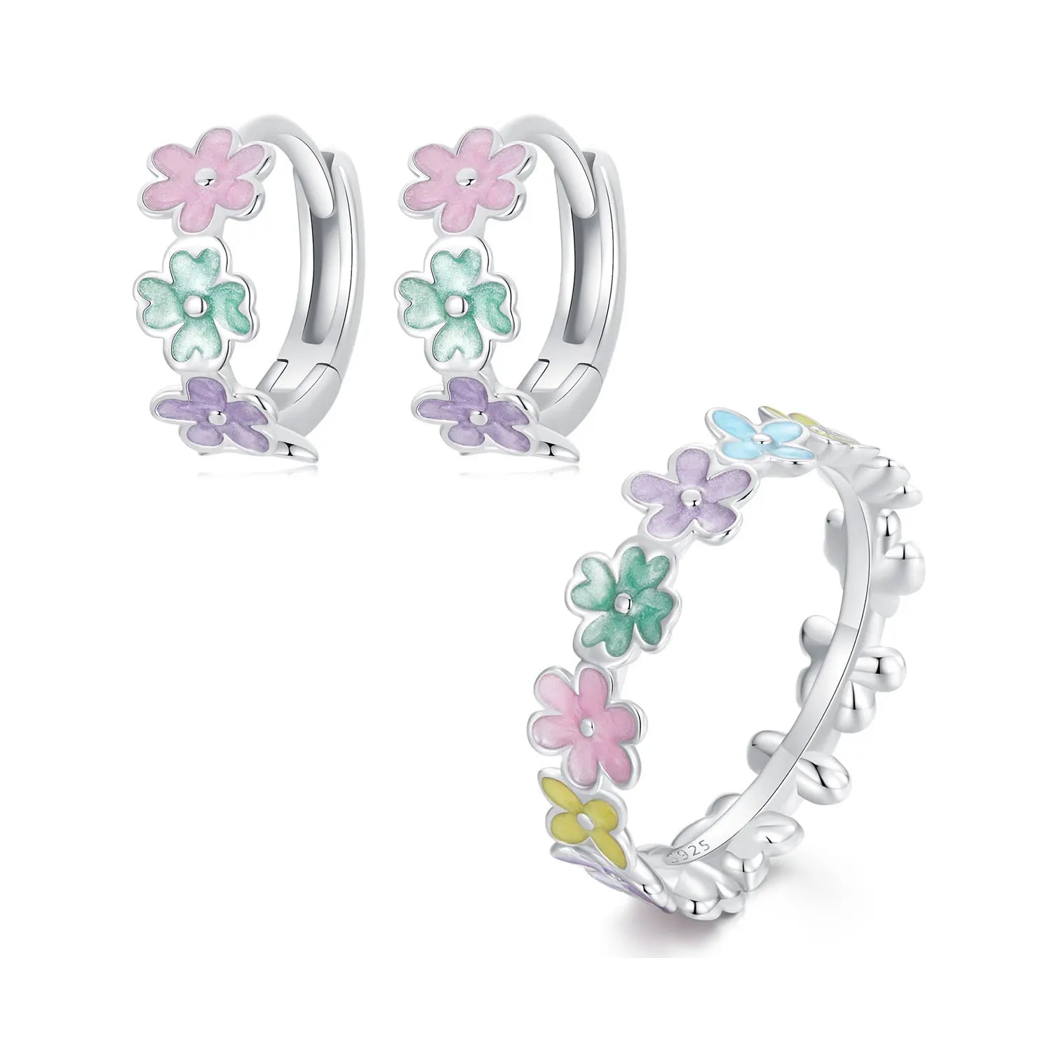 S925 Sterling Silver Jewelry Popular Colorful Flower Earring Ring Set