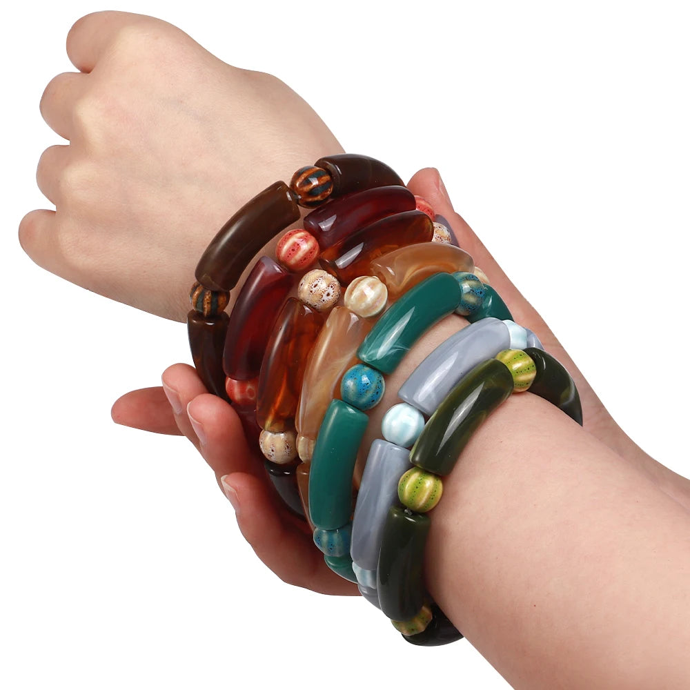 Casual Colorful Tube Bead Bracelet Ceramic Pumpkin Bead Accessory Marble Effect Bamboo Acrylic Elastic Bracelet Bangle for Women