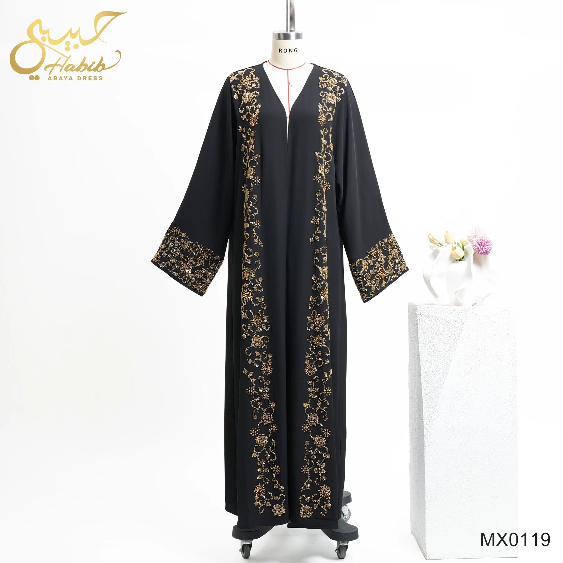 Long Sleeve Modest Islamic Women's Luxury Polyester Beaded Abaya Kimono Style Breathable Embroidered Muslim Robe Open Dubai
