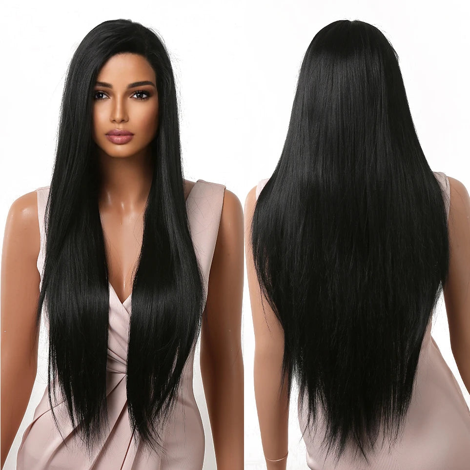 Wig Factory 30 Inches Long Black Synthetic Lace Front Wigs for Black Women Straight Partial Wigs for Women Daily Use