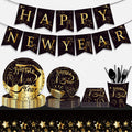Huancai New Year Party Decor Black Gold Paper Plates Cups Napkins Disposable Tableware Set for Happy New Year Party Supplies