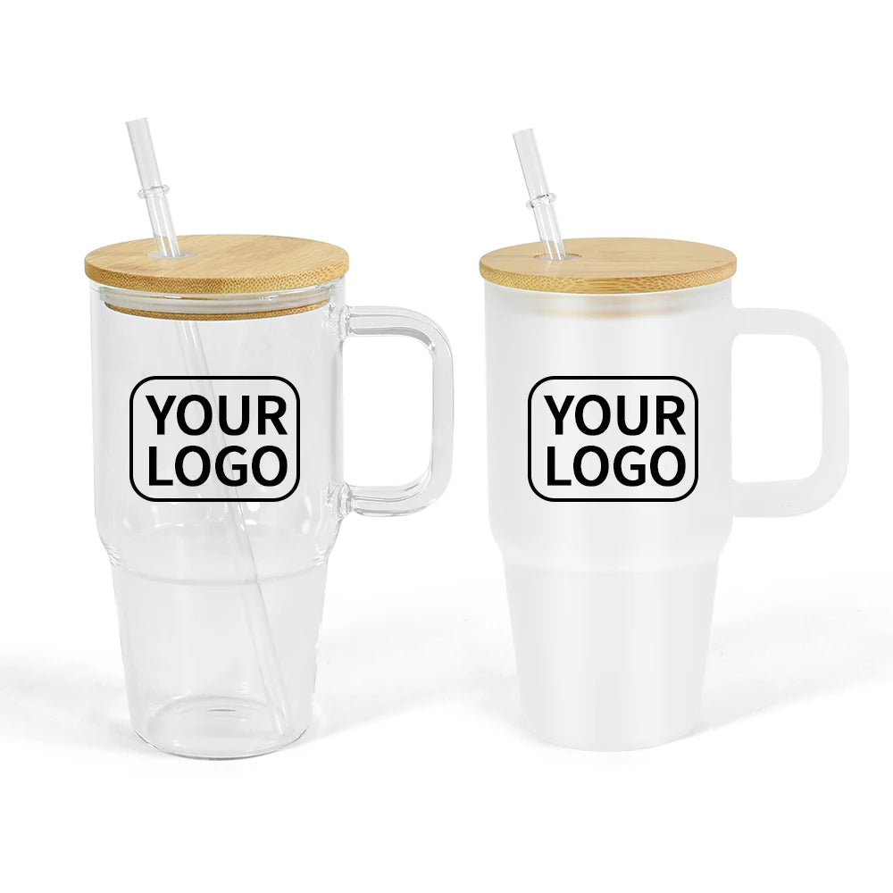 20oz 590ml Handgrip clear and Frosted Glass Coffee Mug with Cork Lid and Straw