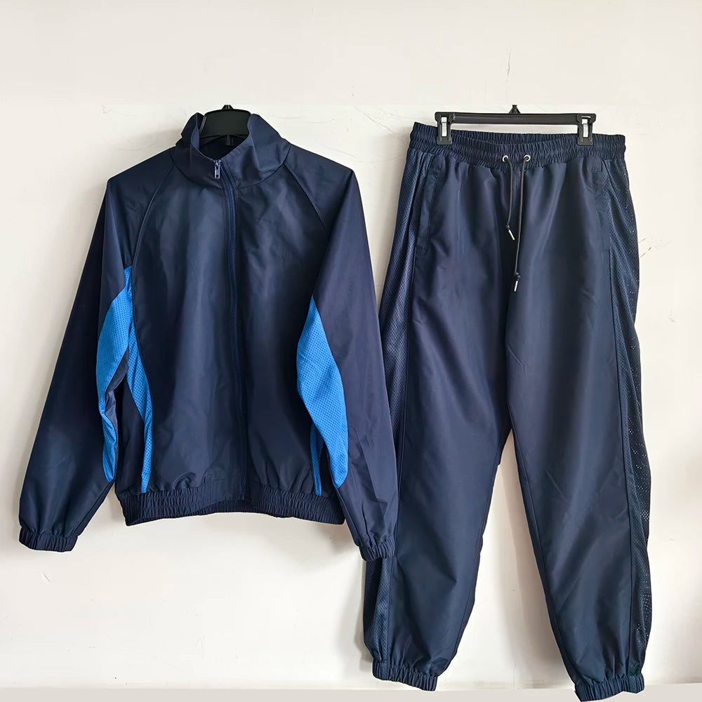 Custom Men Tracksuit Navy Blue Colorblock 2 Piece Set Soccer Training Suit Mesh Insert Windbreaker Jacket Jogger Team Sportswear