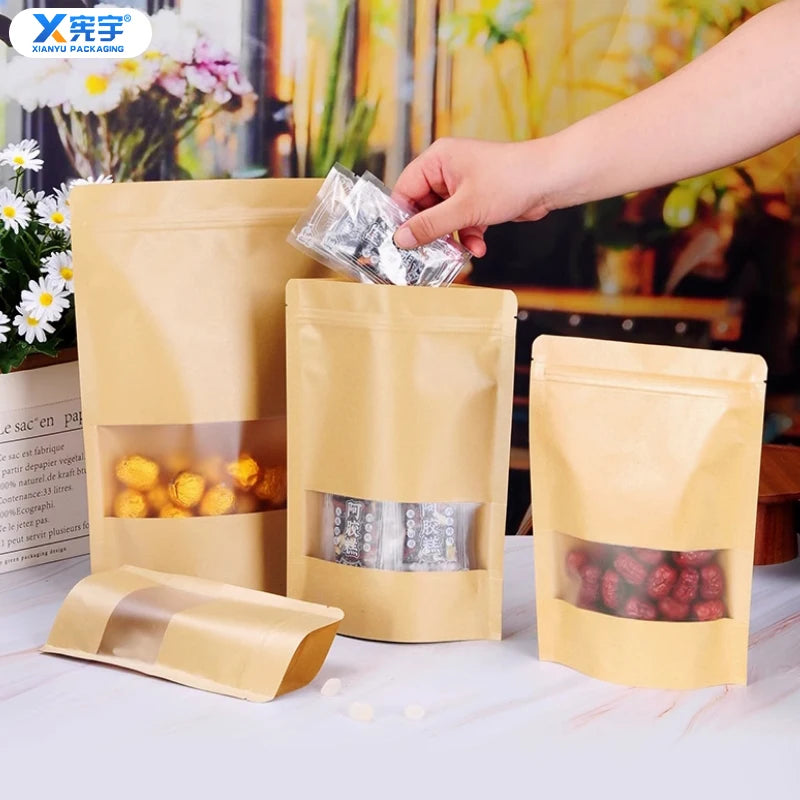 Brown Kraft Paper Bag With Transparent Window for Food Packaging Candy Zip Kraft Paper Stand up Zipper Seal Pouch Printing Logo MegaBDM