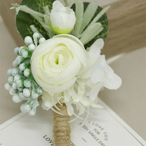 2023 Boutonniere Flowers Wedding Corsage Pins White Groom Boutonniere Buttonhole Men Wedding Witness Marriage Accessories